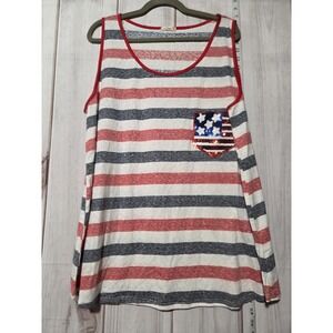 Luna Tank Top Womens Plus 3XL Red White Blue‎ Striped Sequin Flag Pocket USA